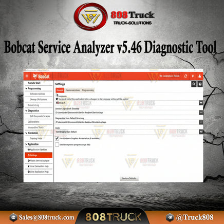 Bobcat Service Analyzer diagnostic tool interface with 808 Truck Solutions branding on a textured background.